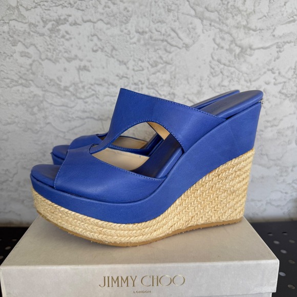 Jimmy Choo 143 Pledge Cosmo Vac LOGO PLATE Espadrille Wedge SLIDES EU 41 Blue - Picture 1 of 14